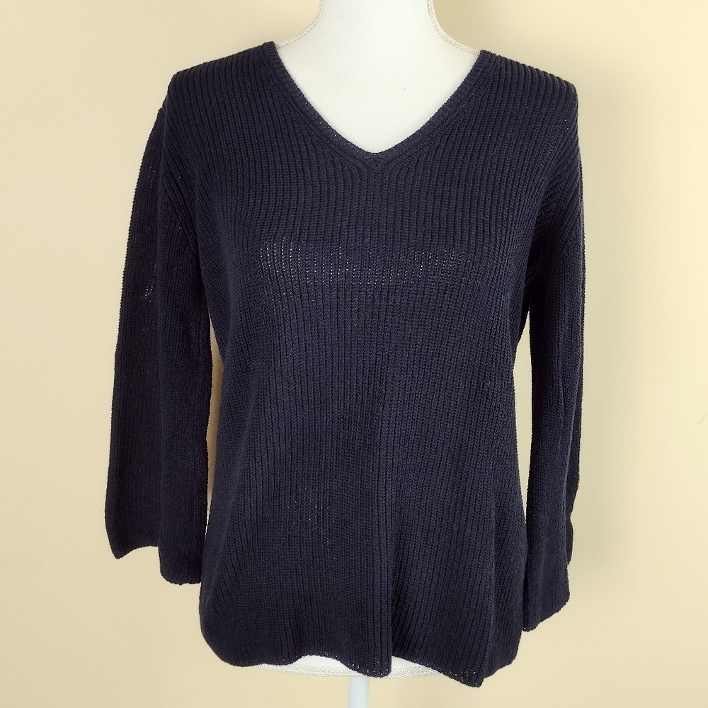 Elliott Lauren Dark Navy Blue V-Neck 3/4 Bell Sleeve Pullover Sweater Sz S